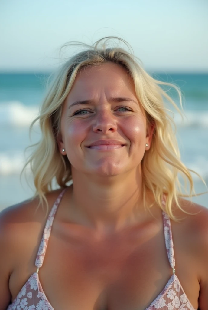 Portrait of a fat blonde woman crying at the beach
