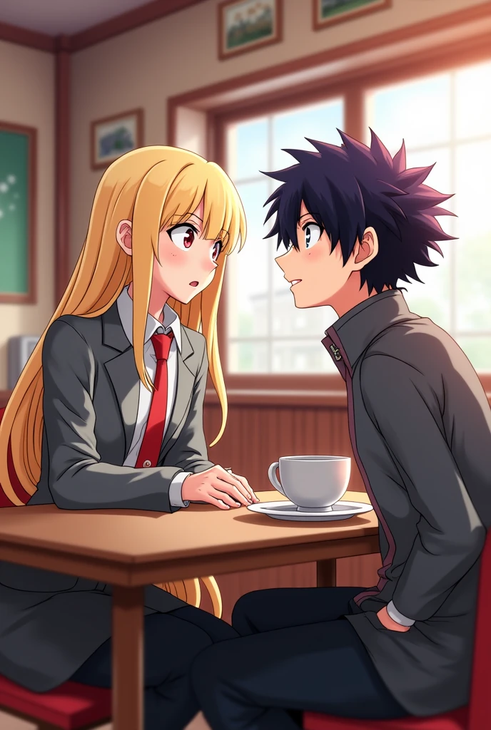 Screenshot of my hero academia girl is 160 tall with long disheveled blonde hair and 15 years old red eye color with my hero academia uniform ( grey jacket and red tie )in the dining room of my hero academia and with a boy with dark purple hair and elf ears , black eyes and a small smile with the my hero academia uniform
