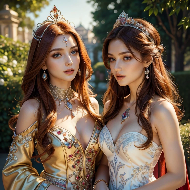 (masterpiece, best quality:1.5), highest quality, High resolution, super detailed, Realists, Upper body photo of a red-haired sorceress, detailed and beautiful eyes, beautiful detailed lips, very detailed eyes and face, longeyelashes, shiny satin dress, Holding a magic wand in your hand and performing a transformation spell, Magic wands present and shining, Beautiful and colorful makeup, elegant and noble々The jewelry bag, Gardens as background, soft daylight, bright colors, fine brushstrokes, Portrait style, Silk dress fabric, beautiful color palette, glowing skin, First-class rendering, that captures every detail, enchanting atmosphere, subtle shadows and lights, (perfect anatomy:1.2), (The two breathtaking sorceresses transform birds into jewelry (a transformation):1.4), (magnificent panorama view:1.2)