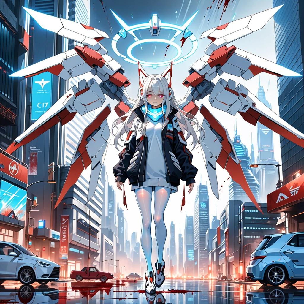 masterpiece, highest quality, highest resolution, clear_image, detailed details, white hair, long hair, 1 girl, car ears, blue and red eyes, futuristic wings, futuristic halo, white sci fi mecha jacket, white scarf (around the neck withn a light blue glow), white pantyhose, full body, no water marks, city, blood coming out of mouth