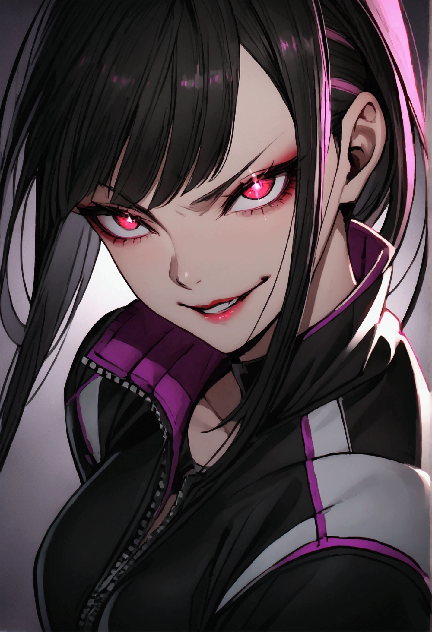dark eye shadow,shining eyes,beautiful young fitness woman with , in a gym wearing May with black pantyhose, white and black gym jacket. standing alone,shorth hair,red eyes glowing,Evil smile,legging preto ,labiaa,dark eye shadow,shining eyes,close up,hair with purple details .evil smile,couple