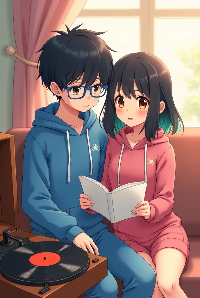 an anime couple, the boy who is listening to music, with black hair and blue frame colored glasses, and with brown eyes, in a blue Stitch suit and the girl reading next to him, with black hair and green highlights, The girl's hair is short in front and long in back, with dark brown eyes, with a pink Stitch suit, Next to them there should be a record player and a vinyl record, that the record player is seen in its entirety.