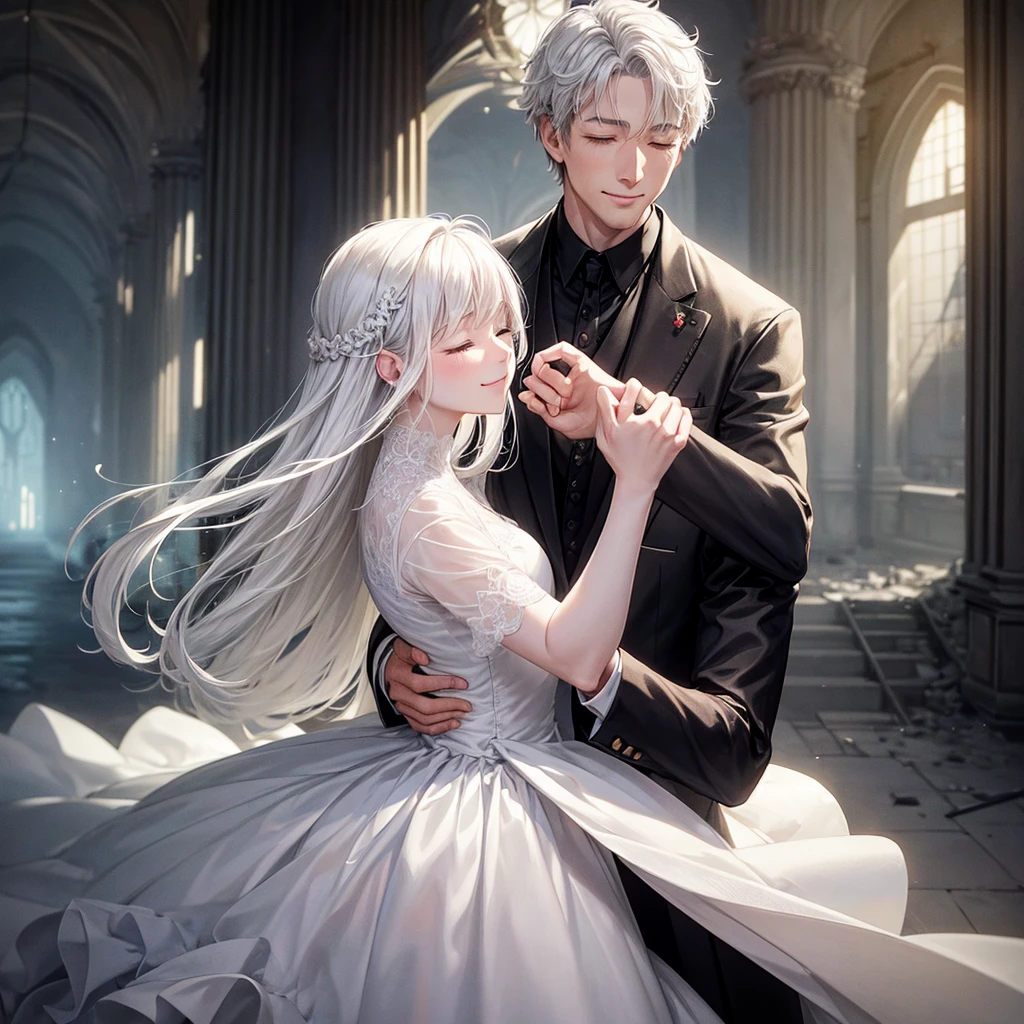 A short, messy white-haired woman with a small smile and closed eyes, wearing a white dress, is dancing with a black-haired man with brown eyes, dressed in a neat black suit, also smiling with his eyes closed. The background is set inside an abandoned castle. The image is in a realistic anime style with dim RGB lighting.