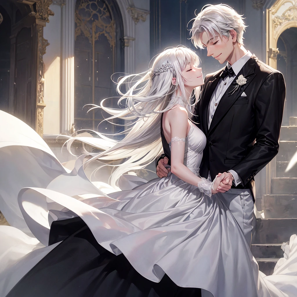 A short, messy white-haired woman with a small smile and closed eyes, wearing a white dress, is dancing with a black-haired man with brown eyes, dressed in a neat black suit, also smiling with his eyes closed. The background is set inside an abandoned castle. The image is in a realistic anime style with dim RGB lighting.