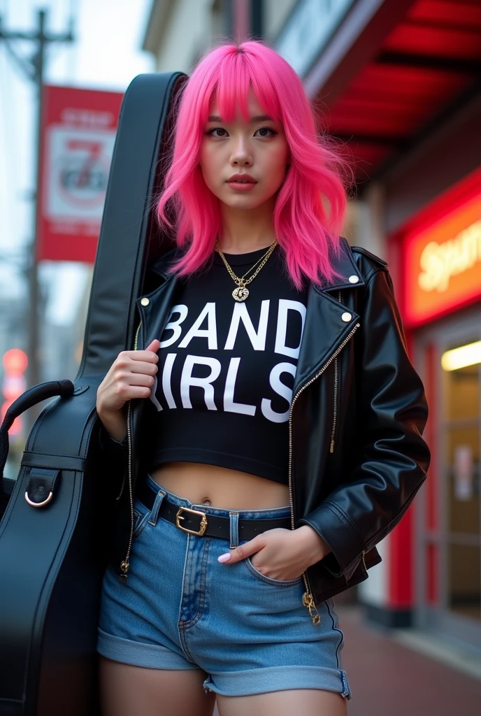 Adult video poster layout、Characters on the screen、「Band Girls」「ShockingＡＶdebut！」Character、(((Japanese woman carrying a large black guitar case))), 26 year old adult woman wearing a black crew neck top with large English letters on her chest and short blue jeans posing for a photo, busty female porn actor, dynamic pose, model pose for rock music magazine, unimaginably beautiful woman with slender curves, Japanese female fashion model, (((very bright pink hair))), happy, thick chain jewelry around neck and arms, (((in front of a strip theater in Asakusa))), pure and beautiful smile, intelligent face, slender curves, big breasts, wearing a black t-shirt, a very small leather jacket, denim shorts, (((extreme low angle))), zero, building, carrying a black guitar case with a guitar strap attached