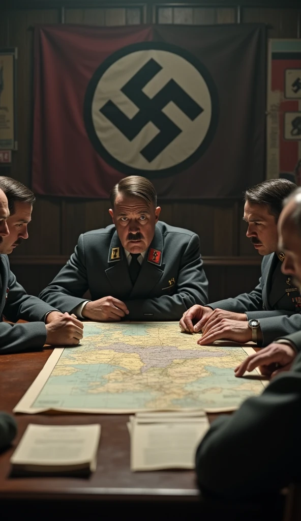 Ultra-high-definition (UHD) 4K realistic cinematic scene: A detailed depiction of Adolf Hitler's obsession with invading the Soviet Union in 1941. The scene shows Hitler in his war room, surrounded by maps and strategic plans. The walls are adorned with Nazi symbols and propaganda posters. Hitler is intensely studying a large map of the Soviet Union, pointing at key strategic locations. His generals, dressed in WWII-era uniforms, are engaged in discussion, reflecting a mix of determination and anxiety. The atmosphere is tense, with dim lighting casting shadows on the dramatic expressions of the figures. The setting includes a large table with war plans and documents scattered across it. Artistic style: Realistic, historical. Art inspiration: WWII war rooms, historical documentaries. Camera: Close-up shot, dramatic lighting. Render information: High resolution, detailed textures, realistic character expressions and environments.