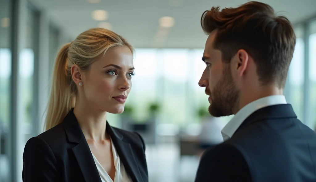 confiant dressed albino beautifull executive woman talking to a young executive man in a non romantic way, looking at each other in an office