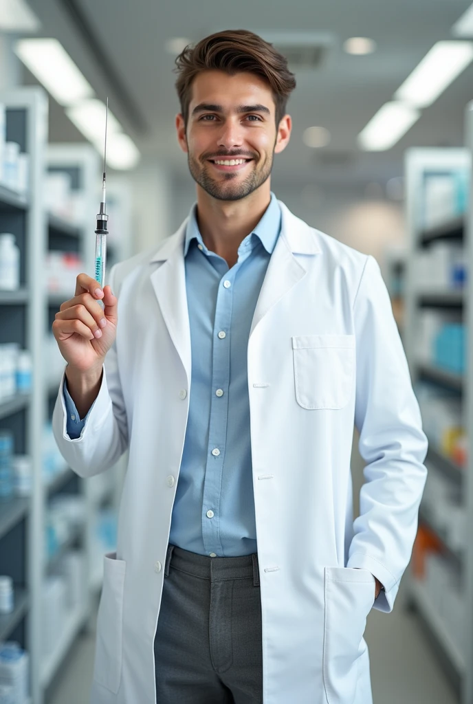 creates the image of a young male pharmacist with a syringe in his hand