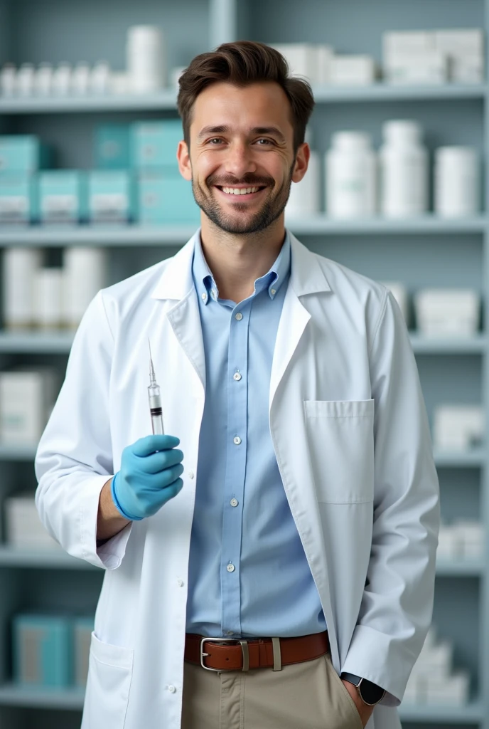 creates the image of a young male pharmacist with a syringe in his hand