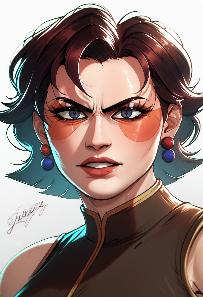 a fierce determined Pomni girl fighter,Digital Circus, KOF vibes, 90’s style, athletic body,portrait,close up,intense gaze, striking cool dynamic pose, cool lighting,dynamic street art composition, cool atmosphere, rich vibrant colors, street fighter third strike vibes, hyper cartoony, 8k, (best quality,4k,8k,highres,masterpiece:1.2),