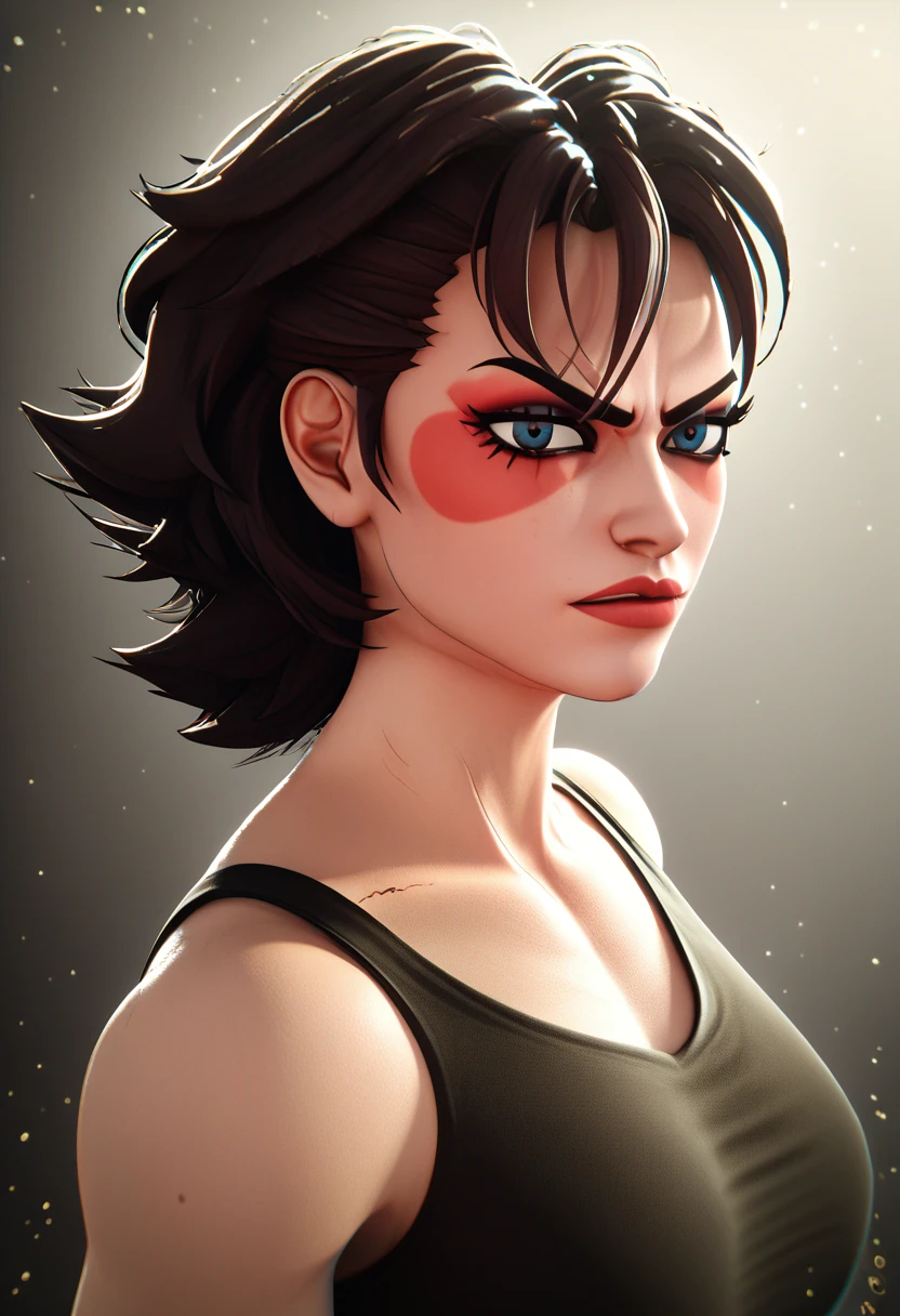 a fierce determined Pomni girl fighter,Digital Circus, KOF vibes, 90’s style, athletic body,portrait,close up,intense gaze, striking cool dynamic pose, cool lighting,dynamic street art composition, cool atmosphere, rich vibrant colors, street fighter third strike vibes, hyper cartoony, 8k, (best quality,4k,8k,highres,masterpiece:1.2),