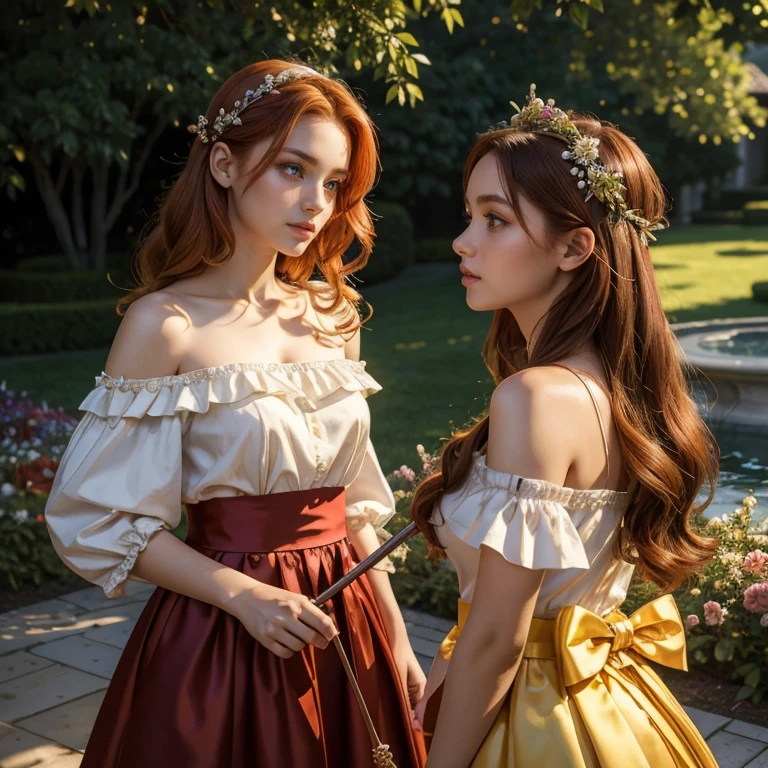 (masterpiece, best quality:1.5), highest quality, High resolution, super detailed, Realists, Upper body photo of a red-haired flower girl, detailed and beautiful eyes, beautiful detailed lips, very detailed eyes and face, longeyelashes, Young girl in a golden skirt and red off-the-shoulder satin blouse made of shiny satin fabric, Beautiful and colorful makeup, elegant and noble々Pose,shiny satin headband, grind, Holding flowers, Gardens as background, soft daylight, bright colors, fine brushstrokes, Portrait style, Noble details in the dress fabric, beautiful color palette, glowing skin, First-class rendering, that captures every detail, enchanting atmosphere, subtle shadows and lights, (perfect anatomy:1.2), (The two stunning flower girls hold a long silver stick with a bow. Exchange glances. (magnificent panorama view:1.2)