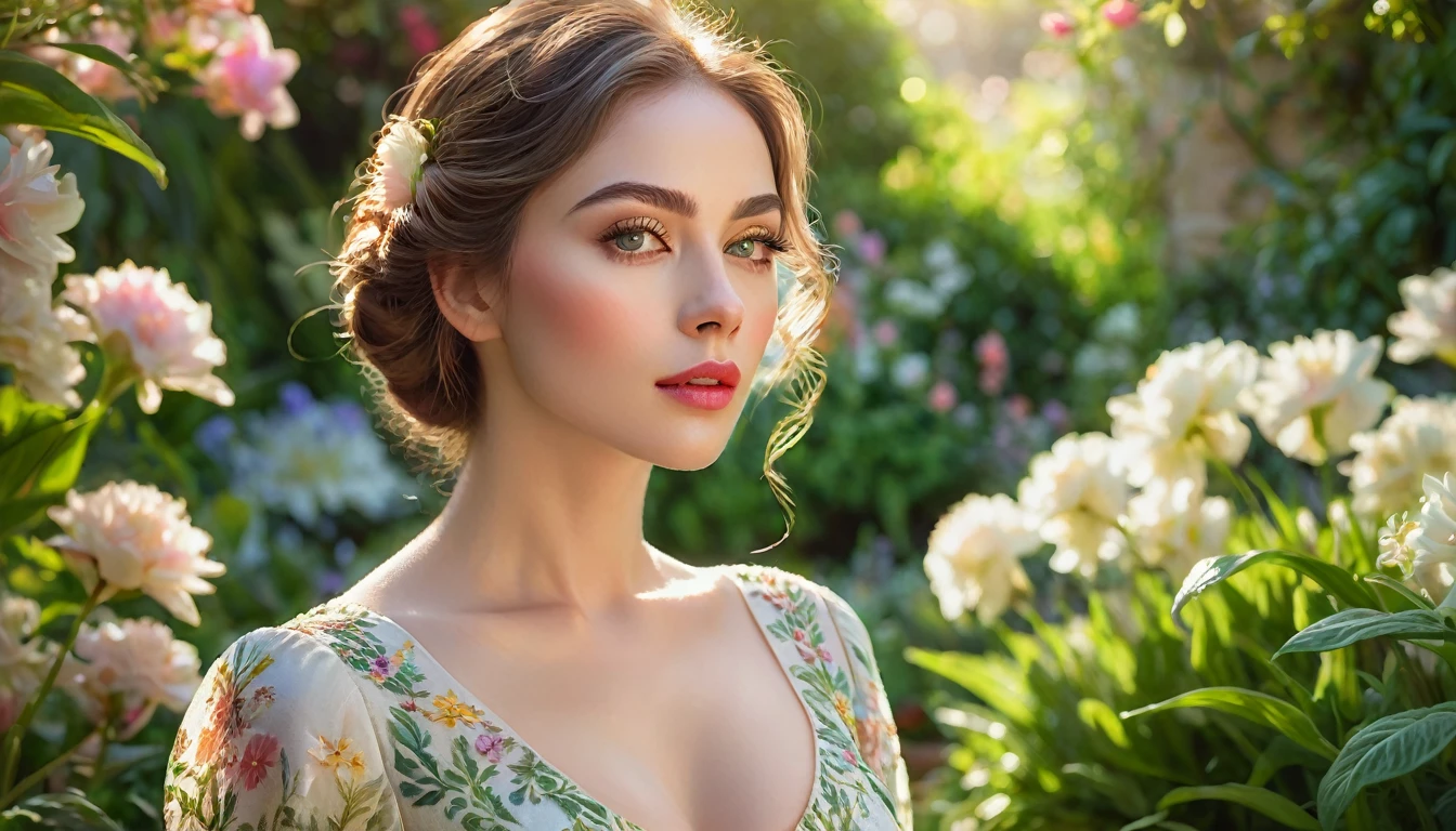 a beautiful woman in a garden, gorgeous detailed face, detailed eyes, long eyelashes, detailed lips, elegant dress, soft sunlight, hazy atmosphere, serene expression, peaceful garden, lush greenery, blooming flowers, dreamy, impressionist, vibrant colors, warm lighting, high resolution, detailed rendering, photorealistic