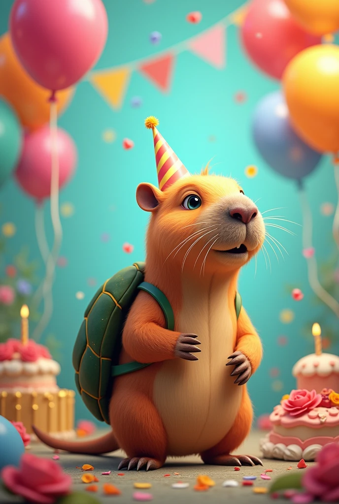 Birthday image with a capybara with his turtle suitcase celebrating with balloons and a cake and roses, what say "Happy birthday Paula"