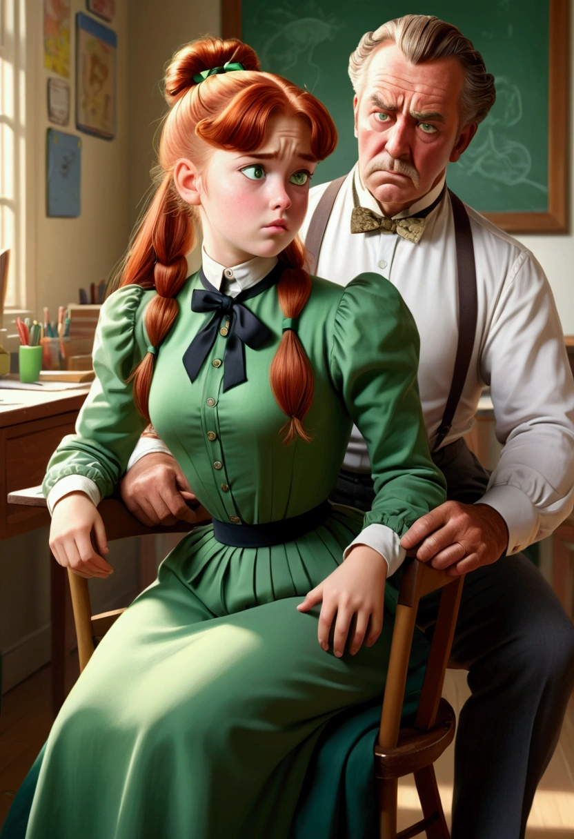 2d, masterpiece, best quality, cartoon, highly detailed, 1girl, 1man, pretty 13yo redheadteenage Gibson Girl, green eyes, very long hair, ponytail, 1900_dr3ss, high-collar long sleeve shirtwaist, ribbon tie, aged 69yo gentleman, horny man, classroom, 4k, 8k, best quality, masterpiece, hyper detailed, intricate detail, 1boy, 1 girl,  detailed, ++, detailed green eyes ++,  raytracing, perfect shadow, highres, hyper detailed, highlighting her playful nature. girl using a man as a chair, sitting on a man, girl sitting on someone, sitting on a man, using a man as a chair, girl feeling disgusted, man feeling aroused, nsfw, large fat man, small girl with a wasp waist and a large derrière.