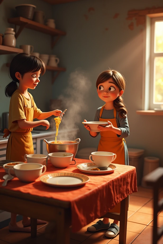 Create a soup kitchen with people helping other poor people Disney Pixar 3D style