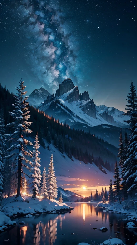 Create an 8K ultra-HD masterpiece of a breathtaking mountain landscape at night. The scene features a full moon casting a luminous, silvery glow across the rugged mountain peaks. The sky is filled with a dazzling array of stars, twinkling brightly in the clear, dark canvas. The moonlight reflects off the snow-capped peaks and rugged terrain, highlighting their intricate textures and contours. In the foreground, the landscape is bathed in soft, ethereal light, with subtle details like gentle ripples in a serene lake or the faint outlines of pine trees adding depth to the scene. The high-resolution quality captures every intricate detail, creating a stunning, illusion-like portrayal of the tranquil, majestic beauty of the night.