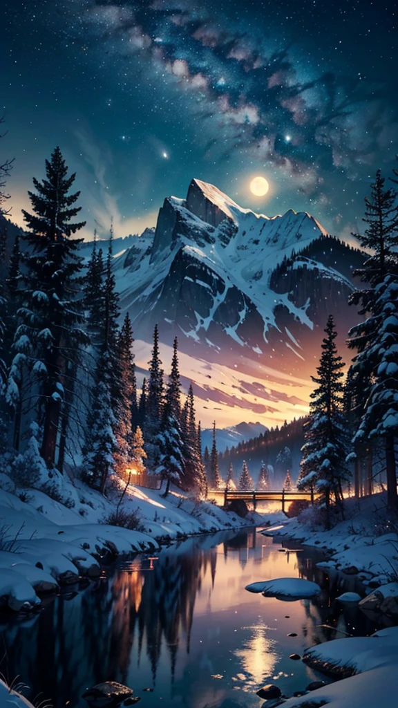 Create an 8K ultra-HD masterpiece of a breathtaking mountain landscape at night. The scene features a full moon casting a luminous, silvery glow across the rugged mountain peaks. The sky is filled with a dazzling array of stars, twinkling brightly in the clear, dark canvas. The moonlight reflects off the snow-capped peaks and rugged terrain, highlighting their intricate textures and contours. In the foreground, the landscape is bathed in soft, ethereal light, with subtle details like gentle ripples in a serene lake or the faint outlines of pine trees adding depth to the scene. The high-resolution quality captures every intricate detail, creating a stunning, illusion-like portrayal of the tranquil, majestic beauty of the night.