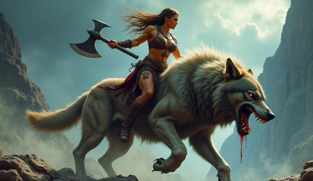 Fantasy action photo of a female Barbarian warrior, muscular build and fierce expression, holding a battle-worn axe, riding atop a gigantic wolf with blood dripping from its maw, full body framing, in a rugged mountainous landscape, under dramatic stormy lighting, shot from a low angle to emphasize heroic pose, on a RED HELIUM 8K with a wide-angle lens, (cinematic color grading:1.3), (in the style of Frank Frazetta:1.4)