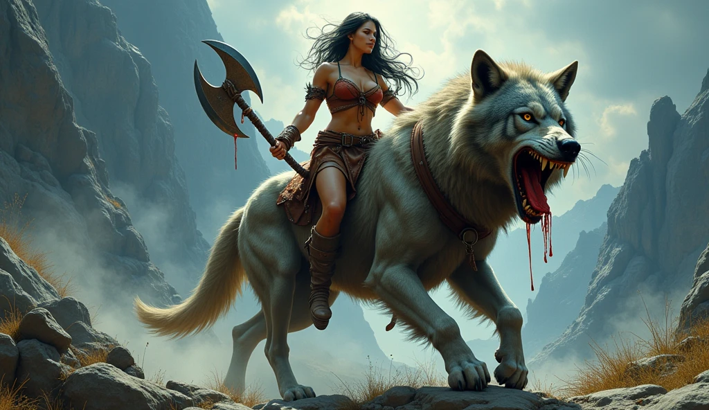 Fantasy action photo of a female Barbarian warrior, muscular build and fierce expression, holding a battle-worn axe, riding atop a gigantic wolf with blood dripping from its maw, full body framing, in a rugged mountainous landscape, under dramatic stormy lighting, shot from a low angle to emphasize heroic pose, on a RED HELIUM 8K with a wide-angle lens, (cinematic color grading:1.3), (in the style of Frank Frazetta:1.4)