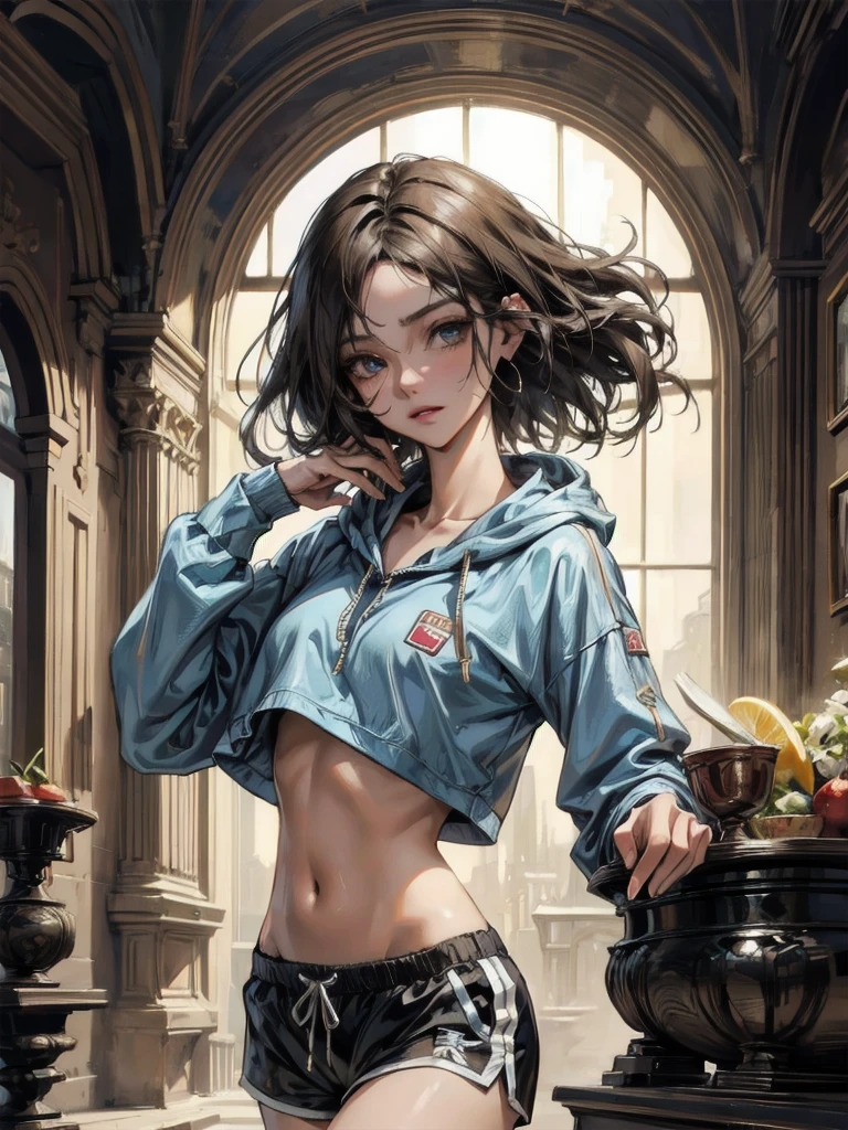 absurdres, RAW photo, extremely delicate and beautiful, masterpiece, Best Quality, ultra high resolution, 32k, hyper realistic, ultra-detailed, Very detailed CG 8k wallpaper, detailed background, landscape, Beautiful Lighting, Perfect Lightning, Realistic Shadows, perfect ???????, anatomically correct, ideal ratio body proportions, perfect figure, Perfect Style, Perfect balance, super Detailed skin, in her 30s, very Slim body, narrow waist, very small head, very small face, delicate facial features, handsome detailed woman, very detailed eyes and face, realistic face proportions, Realistic beautiful face, Realistic beautiful eyes, tearful mole, earring, whole body shot, very huge round tits, medium short hair, asymmetrical hair, wavy hair,  tracksuit shorts, Lightweight hoodie, crop top,