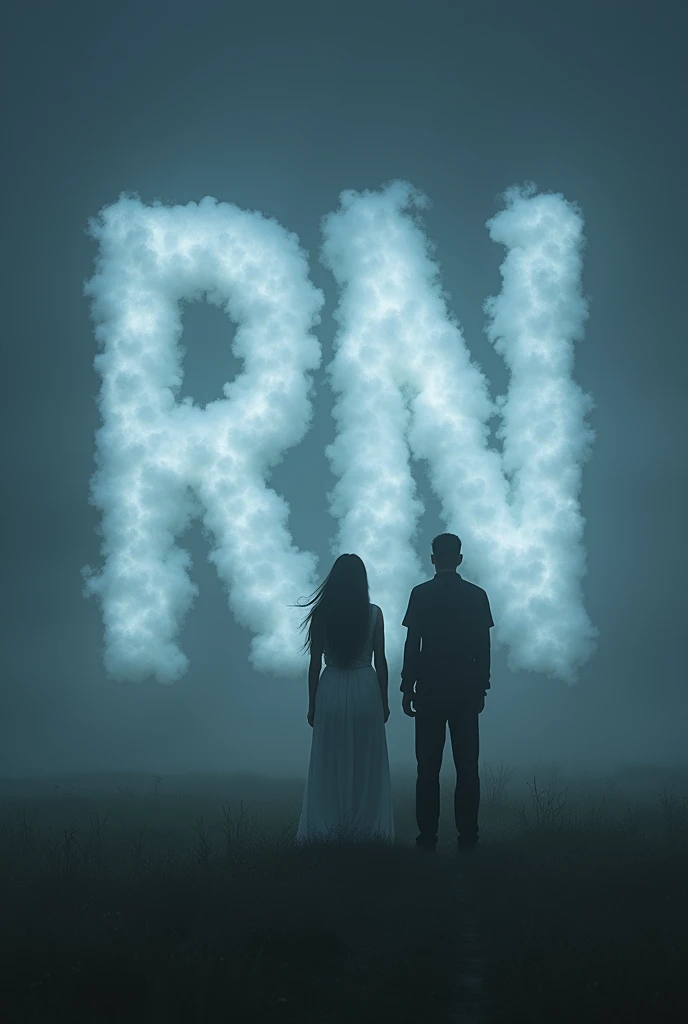 In the center of the image, Large initials 'RN' materialize from white fluffy clouds. The scene is shrouded in a thick night fog that contributes to an eerie and ominous atmosphere.. Spotlight, Two people with their backs turned are positioned near the letters. a person, dressed in white, It has the letter 'R' formed by clouds; the other, dressed in black, It has the letter 'N'. Both figures, of Asian descent, intensify the surreal and disturbing effect of the image. The color palette is somber, with shades of gray, dark blue and black, accentuating the terrifying and enigmatic atmosphere, and evoking a sense of unease and mystery.
