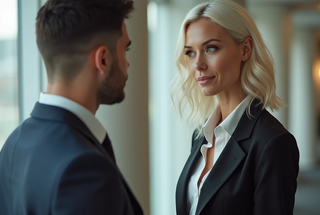 confiant dressed albino beautifull executive woman talking to a young executive man in a non romantic way, looking at each other in an office


