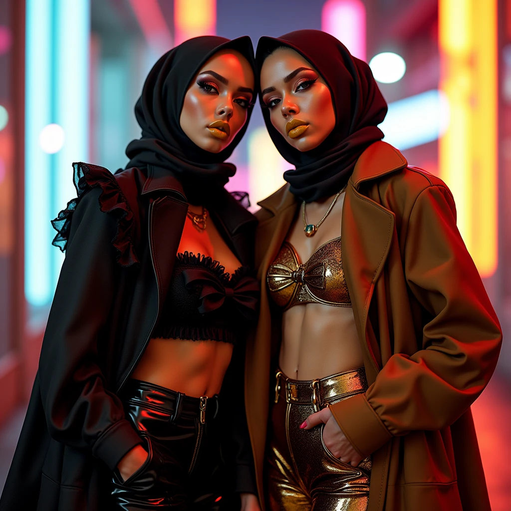 rich colors, fresh and bright, warm light and shadow, best quality, ultra detail, 16K. telephoto closeup portrait of two glossy net mesh touching hijabis with ultra smoky eyes and a lot of yellow lipstick wearing a long brown poly-vinyl ruffly bowy tunic and black glossy vest, licking pose, a golden liquid-lacquered crop top, a shimmering glittery slick tight leggings , and a brown glossy mini skirt . also wearing slick-lacquered black shiny boots , in a world setting with futuristic neon lighting, fashionista cityscape background, (((two androgynous females sexism, lewd ukrainian ladyboy and cosset shemales-brazilian tgirl thai floozy with a amused man-genitalia penetrated her heated man-genitalia bulge through her skirt)))