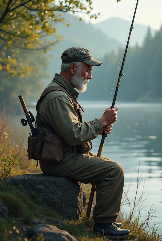 Fisher, men wearing cap, bring rod fishing