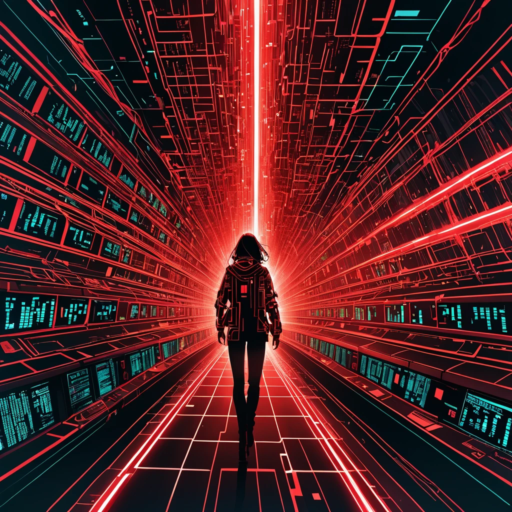 A cybernetic nightmare scene depicting a person trapped in a world of glowing digital codes and algorithms. The environment is filled with complex, intertwining data streams and pulsating red lights, representing a digital prison. The figure is struggling against electronic bindings, symbolizing the fight for freedom in a chaotic, rhythm-driven digital universe. The atmosphere is dark and intense, capturing themes of technological confinement, existential struggle, and the search for escape from a coded reality