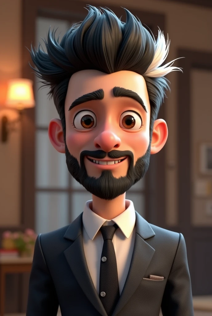 Cartoon character of a man with black hair and some white strands, white bearded, formal suit, white skin color, animation character, pixar, Disney, stylized character, animation style rendering, 3d stylized, Arnold Maya rendering, Stylized 3D rendering, toon render screenshot, 3d character, 3d character, Stylized 3D rendering, 3D character rendering, cartoon character, Personagem de close up, character posing, (Estilo pixar) (master part:1.2) (bokeh) (best qualityer) (skin detailed) (detailed texture) (8k) (Argilla) (cinematic lighting) (sharp focus)