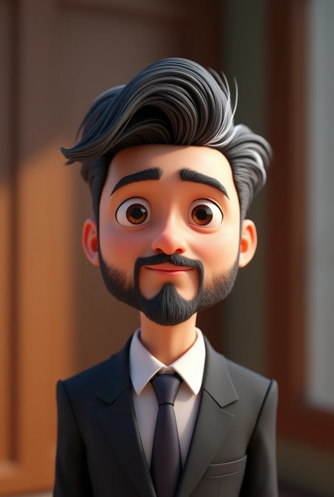 Cartoon character of a man with black hair and some white strands, white bearded, formal suit, white skin color, animation character, pixar, Disney, stylized character, animation style rendering, 3d stylized, Arnold Maya rendering, Stylized 3D rendering, toon render screenshot, 3d character, 3d character, Stylized 3D rendering, 3D character rendering, cartoon character, Personagem de close up, character posing, (Estilo pixar) (master part:1.2) (bokeh) (best qualityer) (skin detailed) (detailed texture) (8k) (Argilla) (cinematic lighting) (sharp focus)
