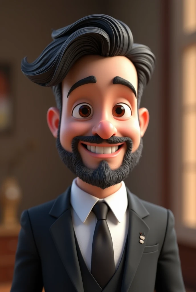 Cartoon character of a man with black hair and some white strands, white bearded, formal suit, white skin color, animation character, pixar, Disney, stylized character, animation style rendering, 3d stylized, Arnold Maya rendering, Stylized 3D rendering, toon render screenshot, 3d character, 3d character, Stylized 3D rendering, 3D character rendering, cartoon character, Personagem de close up, character posing, (Estilo pixar) (master part:1.2) (bokeh) (best qualityer) (skin detailed) (detailed texture) (8k) (Argilla) (cinematic lighting) (sharp focus)