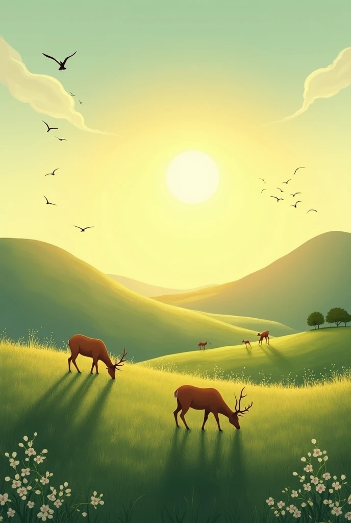 There is a sun between two hills and birds flying on the sky and deers eating grass