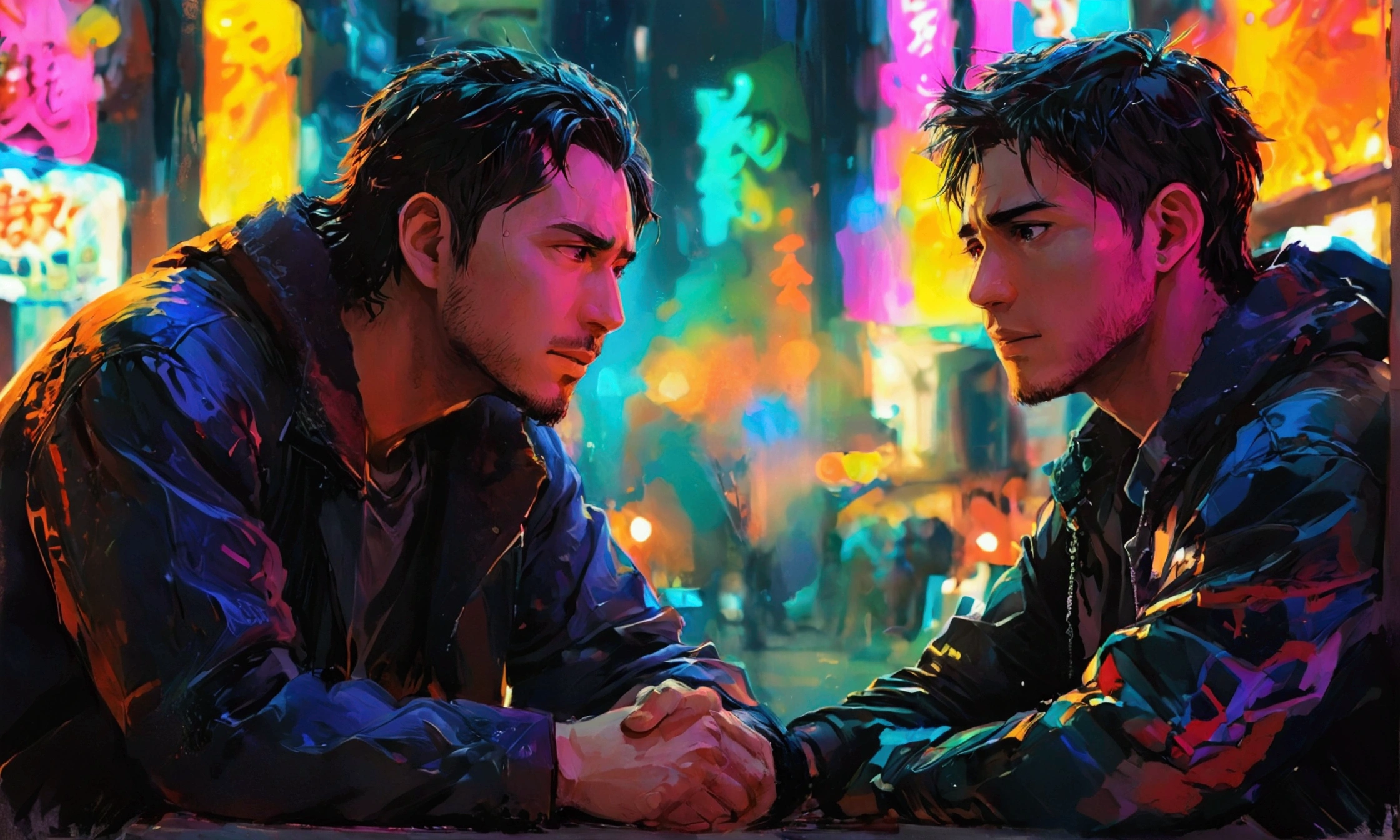 two men friends talking,manga style art