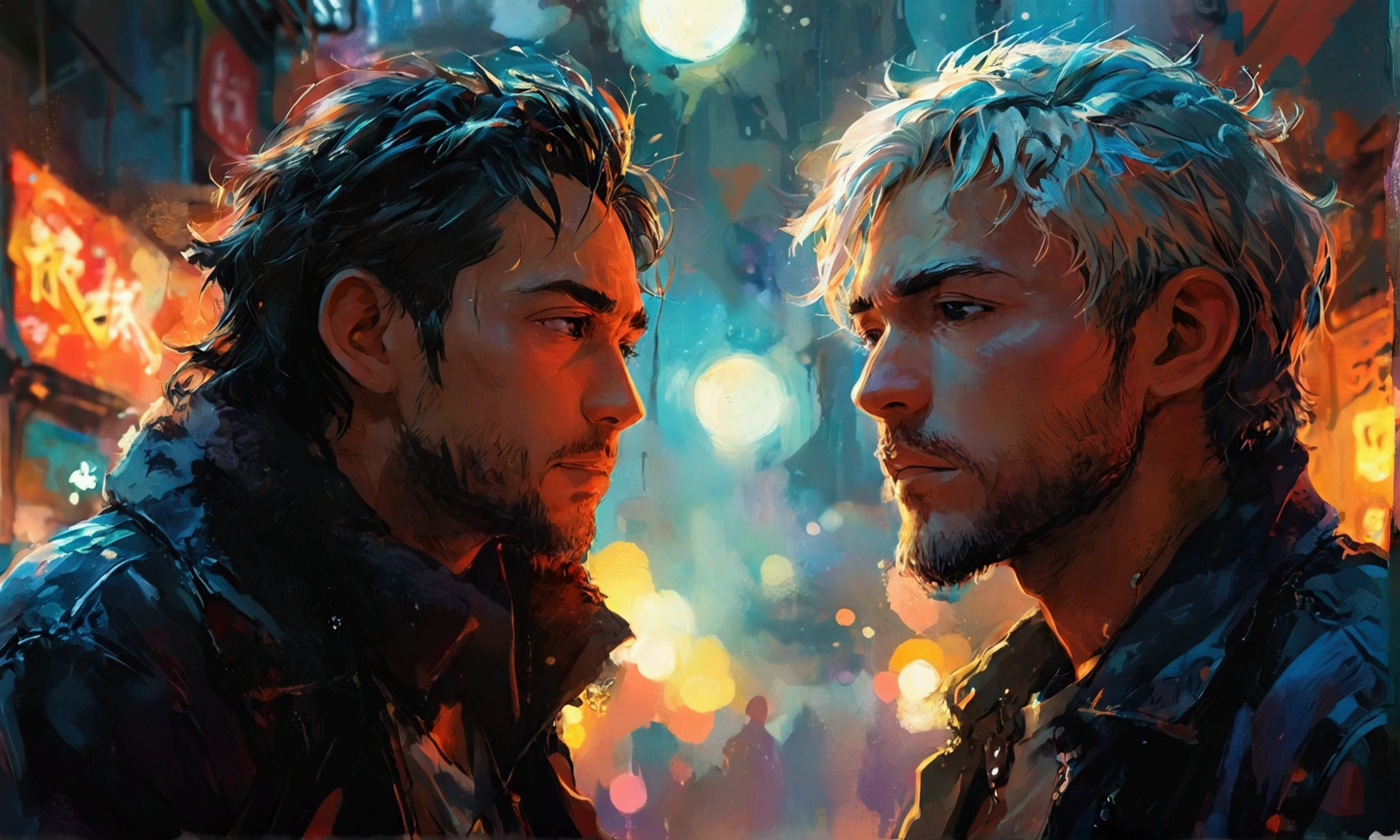 two men friends talking,manga style art