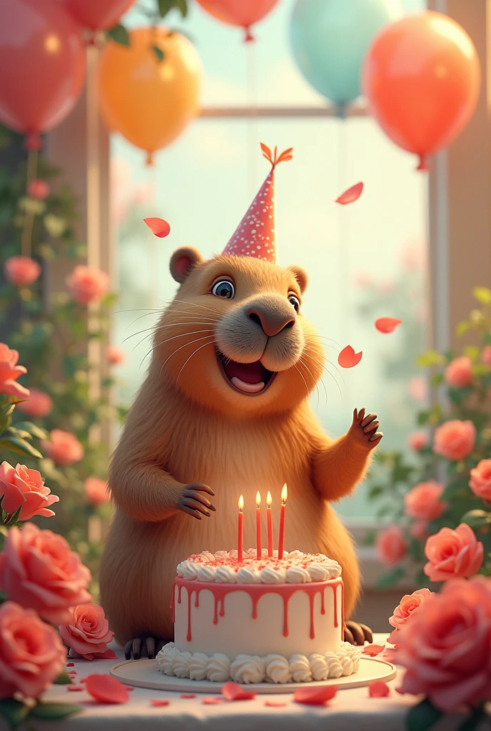 Birthday image with capybara celebrating with balloons and a cake and roses, that says in balloon text "Happy birthday Paula"
