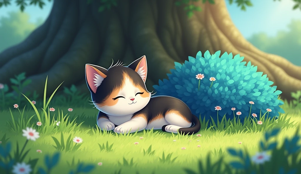 anime aestetics, anime sccenery, a young cat lying next to the little blue verry bush, cat's fur is black, white and brown, summer time, short green grass, little flowers, tree base behind the cat, short fur, closed eyes, peaceful atmosphere, heroic fantasy aestetics, dungeons and dragons, wide shot, perspective, atmospheric perspective, 16k, highres, award winning, best quality, high details, super detail, UHD, masterpiece