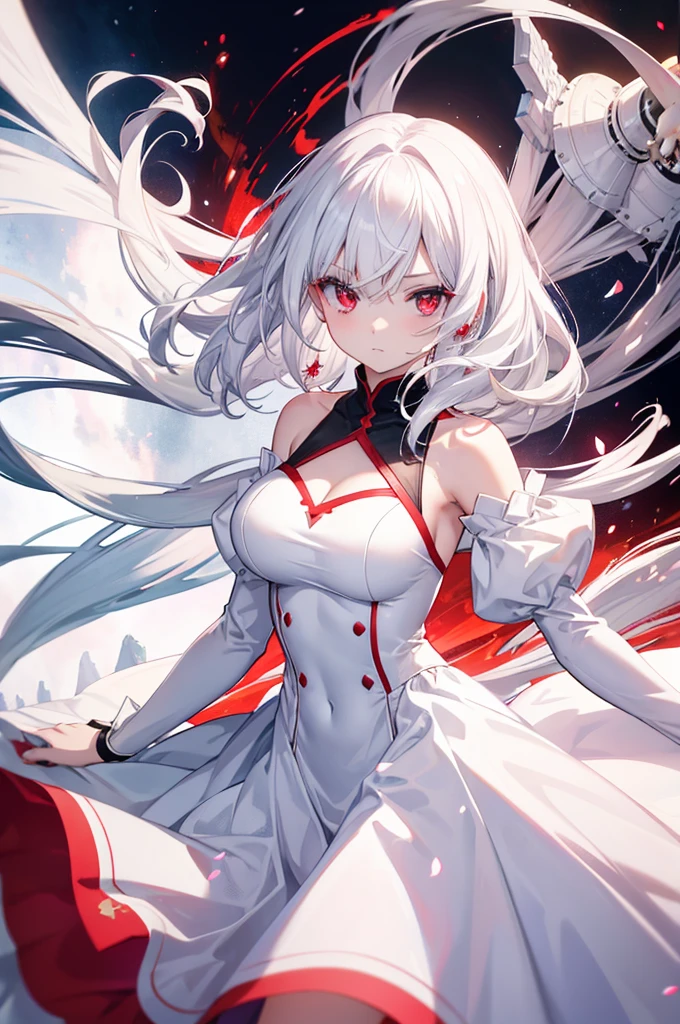 a woman with a superhuman appearance with white hair and red eyes with a mixture of white and red dresses