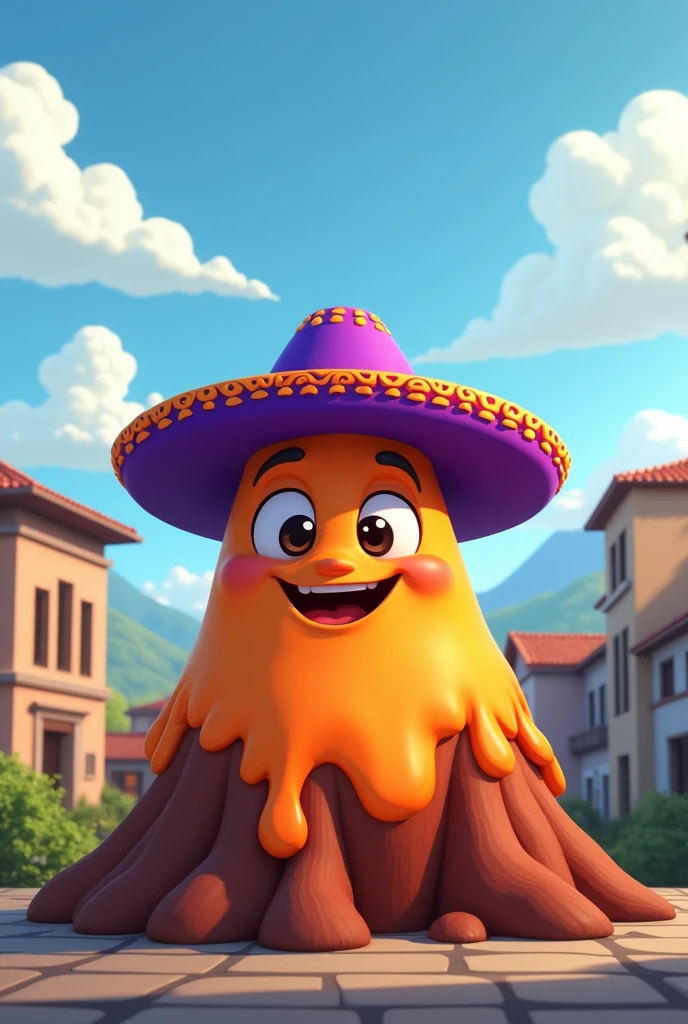 Volcano misit animated by the day of Arequipa, with eyes, mouth and arms in one that has his characato hat with purple color simple strokes to draw