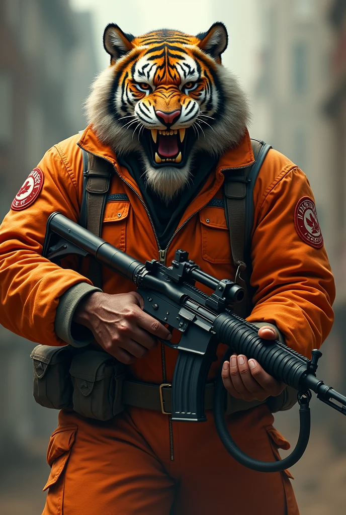 (a dark-skinned bearded fat muscular old man in aorange zipper pilot suit) carrying a gun, (wearing realistic roaring tiger mask), dynamic action pose, fierce expression, showcasing an imposing stature, surrounded by military elements, dramatic shadows and intense highlights, cinematic color tones, high detail, powerful, art influenced by Bruce Onobrakpeya and Stanley Artgerm, ultra-detailed, best quality image, action-packed atmosphere. 