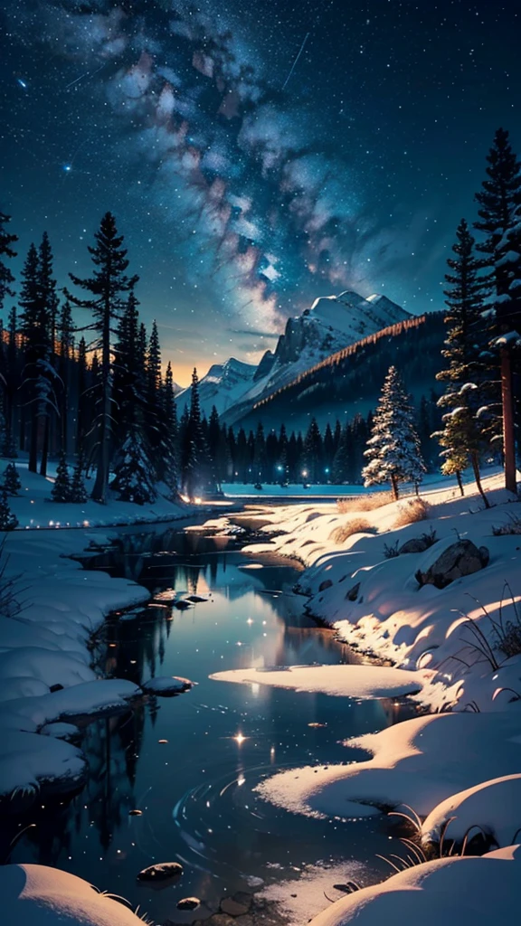 Create an 8K ultra-HD masterpiece of a breathtaking mountain landscape at night. The scene features a full moon casting a luminous, silvery glow across the rugged mountain peaks. The sky is filled with a dazzling array of stars, twinkling brightly in the clear, dark canvas. The moonlight reflects off the snow-capped peaks and rugged terrain, highlighting their intricate textures and contours. In the foreground, the landscape is bathed in soft, ethereal light, with subtle details like gentle ripples in a serene lake or the faint outlines of pine trees adding depth to the scene. The high-resolution quality captures every intricate detail, creating a stunning, illusion-like portrayal of the tranquil, majestic beauty of the night.