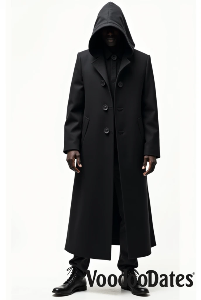 A white background, a man with a long black headed coat with hidden face, and a written word that is Voodoodates for an international brand is posted under the feet of the man