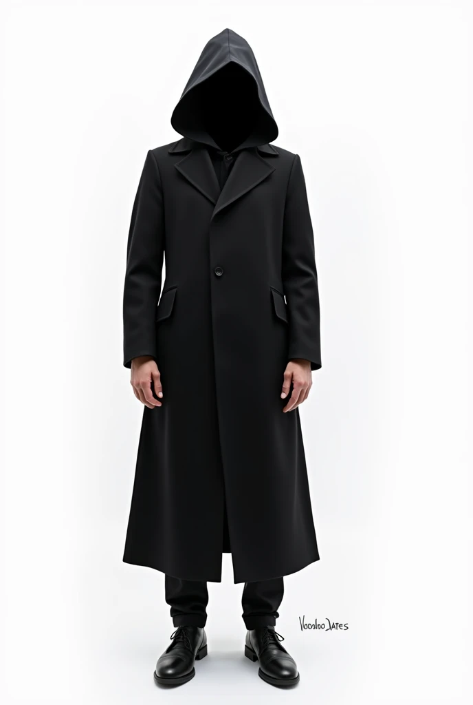 A white background, a man with a long black headed coat with hidden face, and a written word that is Voodoodates for an international brand is posted under the feet of the man 