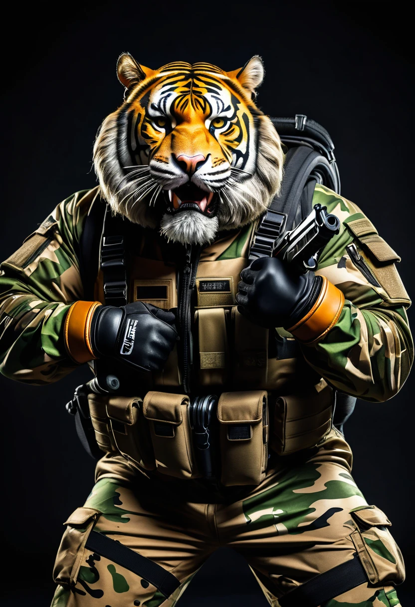 (a dark-skinned bearded fat muscular old man in a bulky army camouflage zipper diver suit) carrying a gun, (wearing realistic roaring tiger mask), dynamic action pose, fierce expression, showcasing an imposing stature, surrounded by military elements, dramatic shadows and intense highlights, cinematic color tones, high detail, powerful, art influenced by Bruce Onobrakpeya and Stanley Artgerm, ultra-detailed, best quality image, action-packed atmosphere. thumbs up pose