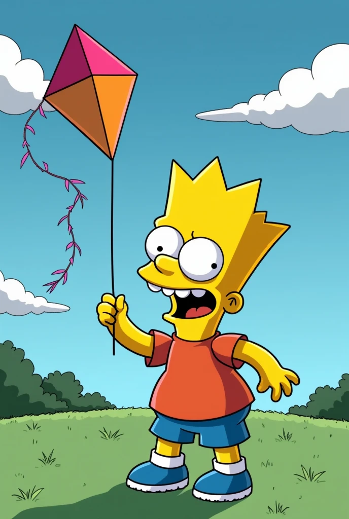 Bart Simpson with an evil face, flying a kite.