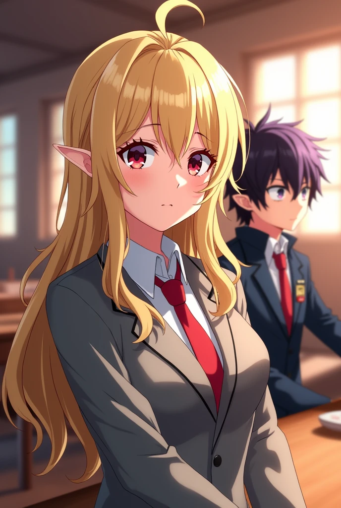 Screenshot of my hero academia girl is 160 tall with long disheveled blonde hair and 15 years old red eye color with my hero academia uniform ( grey jacket and red tie )in the dining room of my hero academia and with a boy with dark purple hair and elf ears , black eyes and a small smile with the my hero academia uniform ( grey jacket and red tie) 17 years old