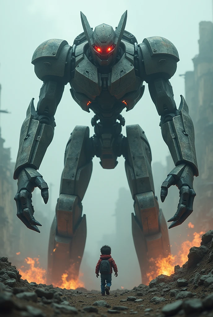 A robot attacking a boy