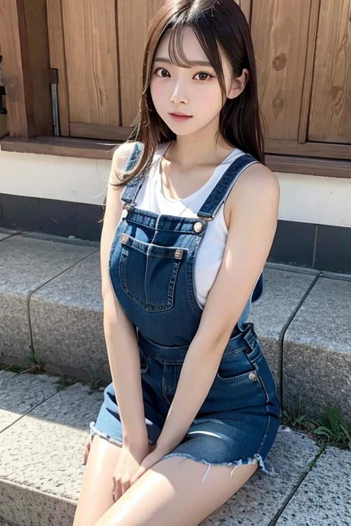 denim、Overalls、Tank top、Off the shoulder、Miniskirt、The shoulders are visible、Sitting、Young Japanese Woman、Holding his knees