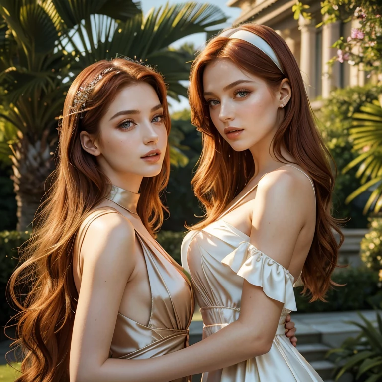 (masterpiece, best quality:1.5), highest quality, High resolution, super detailed, Realists, Upper body of red-haired woman, long open straight hair, detailed and beautiful eyes, beautiful detailed lips, very detailed eyes and face, longeyelashes, Woman in evening dress made of shiny satin fabric, Beautiful and colorful makeup, elegant and noble々Pose, Satin headbands and jewelry, Gardens as background, soft daylight, bright colors, fine brushstrokes, Portrait style, Plain dress fabric, beautiful color palette, glowing skin, First-class rendering, that captures every detail, enchanting atmosphere, subtle shadows and lights, (perfect anatomy:1.2), (Two stunning women with open mouths and naughty looks look flirtatious.